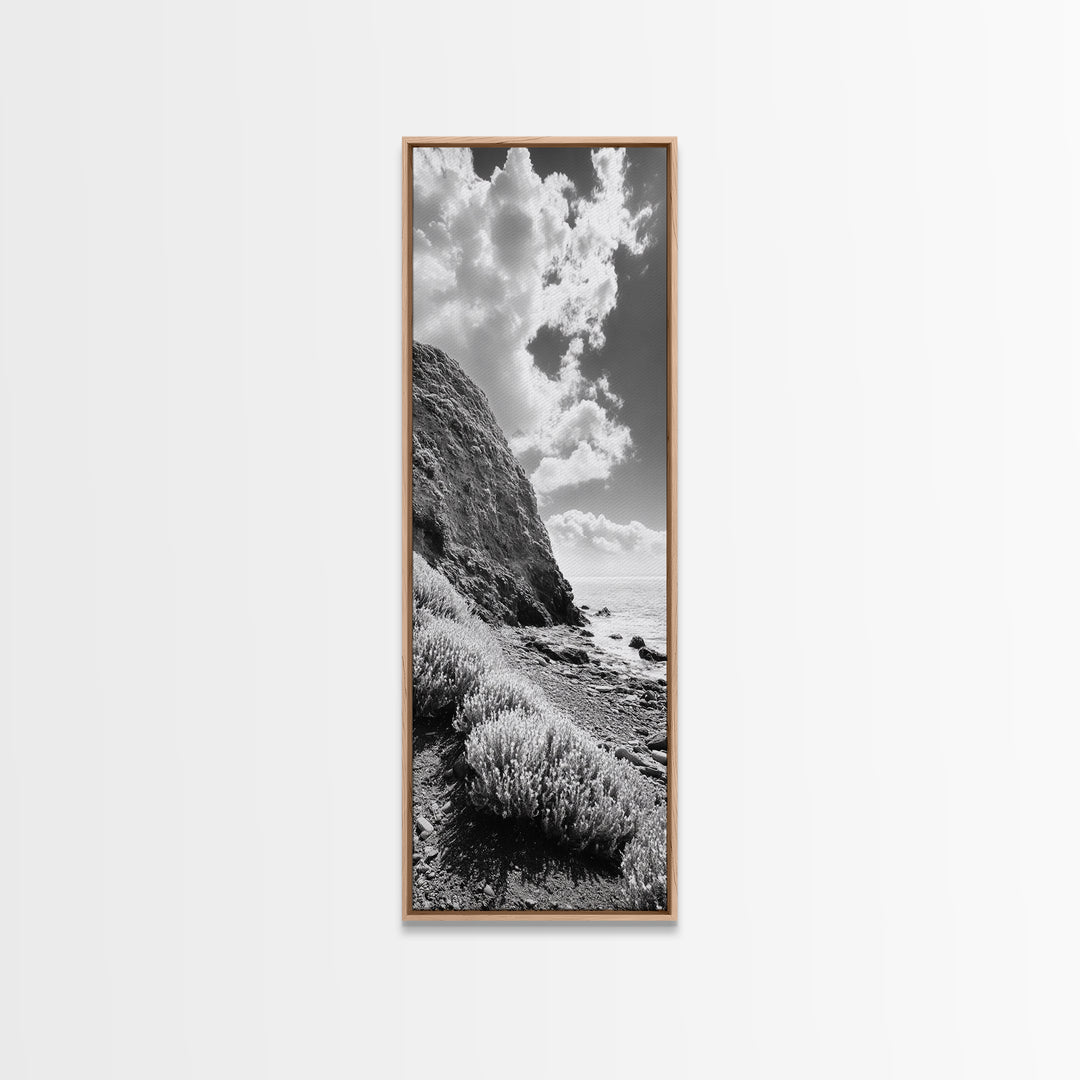 Coastal Shrubs, Rocky Beach, Sunlit Cliffside, Framed Canvas Print, Kitchen Wall Art, Black and White Nature, Scandinavian Home Style