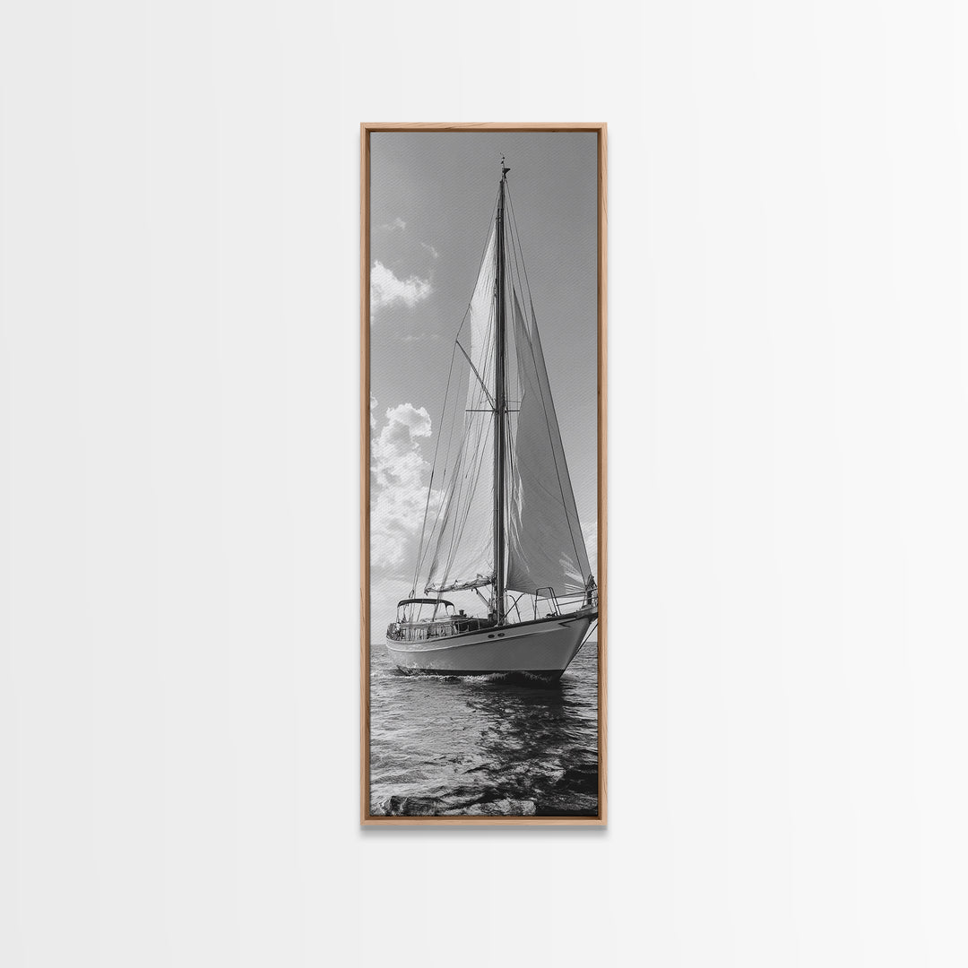 Sailboat Ocean Art, Nautical Wall Decor, Minimalist Seascape, Coastal Living Room Style, Framed Canvas Print, Black White Sailboat