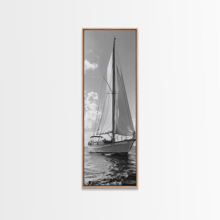 Sailboat Ocean Art, Nautical Wall Decor, Minimalist Seascape, Coastal Living Room Style, Framed Canvas Print, Black White Sailboat
