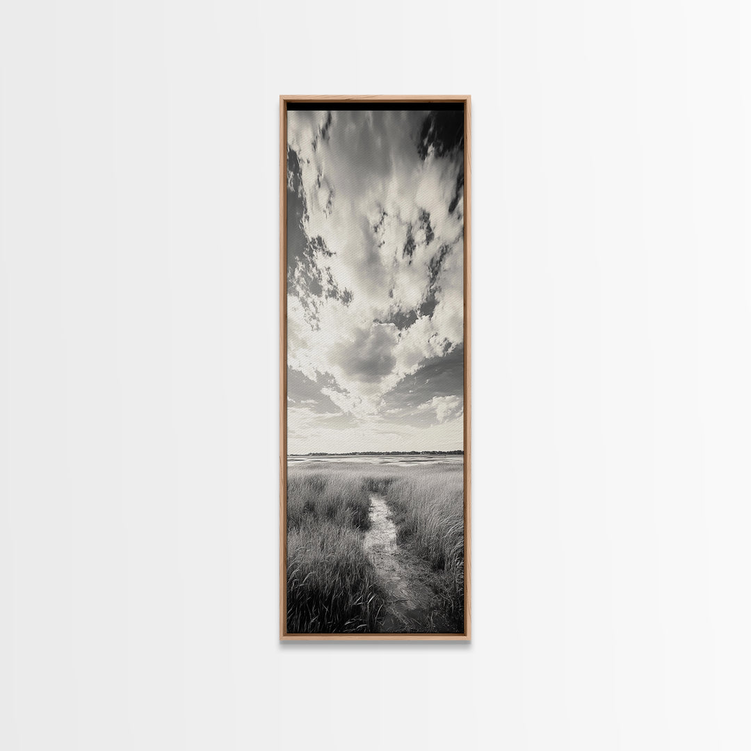 Marshland Pathway, Coastal Grassland Art, Nature Wall Decor, Calm Landscape Style, Framed Canvas Print, Neutral Tones Minimalist