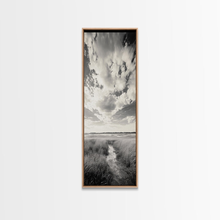 Marshland Pathway, Coastal Grassland Art, Nature Wall Decor, Calm Landscape Style, Framed Canvas Print, Neutral Tones Minimalist