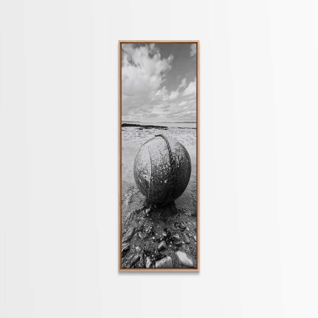 Weathered Buoy Ball, Rustic Coastal, Beach Decor, Nautical Minimalism, Framed Canvas Print, Bathroom Wall Art, Ocean Inspired Design