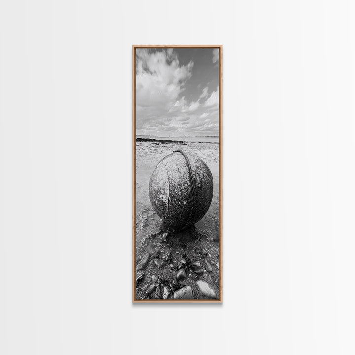 Weathered Buoy Ball, Rustic Coastal, Beach Decor, Nautical Minimalism, Framed Canvas Print, Bathroom Wall Art, Ocean Inspired Design