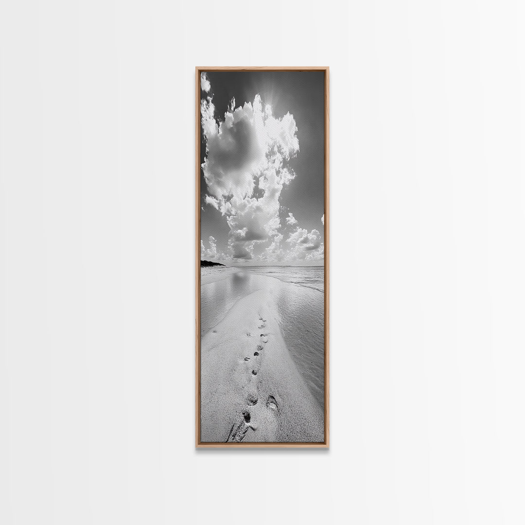 Footprints Beach Path, Ocean Shore Wall Art, Minimalist Seascape Style, Relaxing Bathroom Decor, Framed Canvas Print, Coastal Vibes