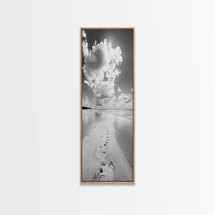 Footprints Beach Path, Ocean Shore Wall Art, Minimalist Seascape Style, Relaxing Bathroom Decor, Framed Canvas Print, Coastal Vibes