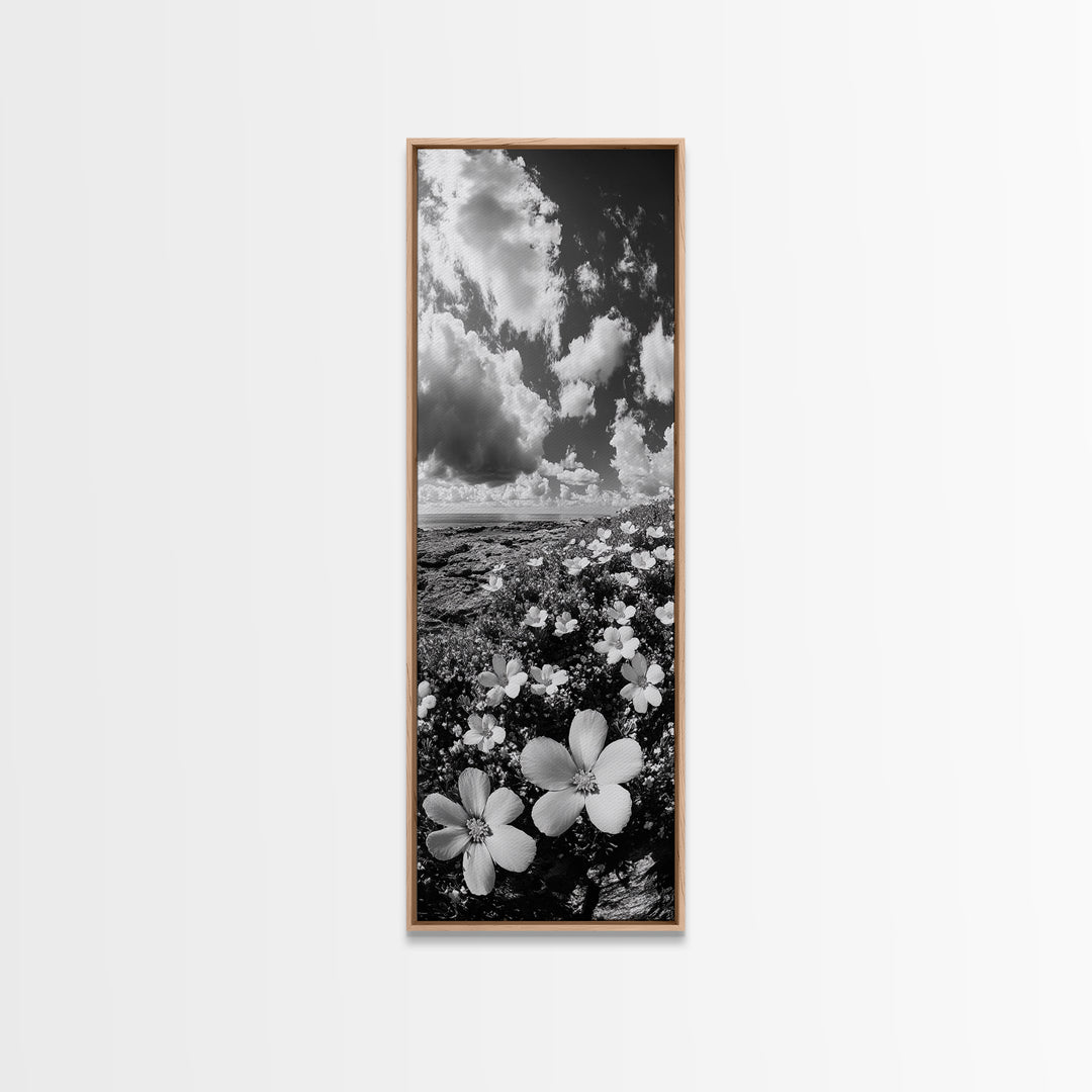 Ocean Flowers Art, Coastal Wildflower Print, Nature Boho Aesthetic, Beach House Wall Style, Framed Canvas Print, Moody Seaside Decor
