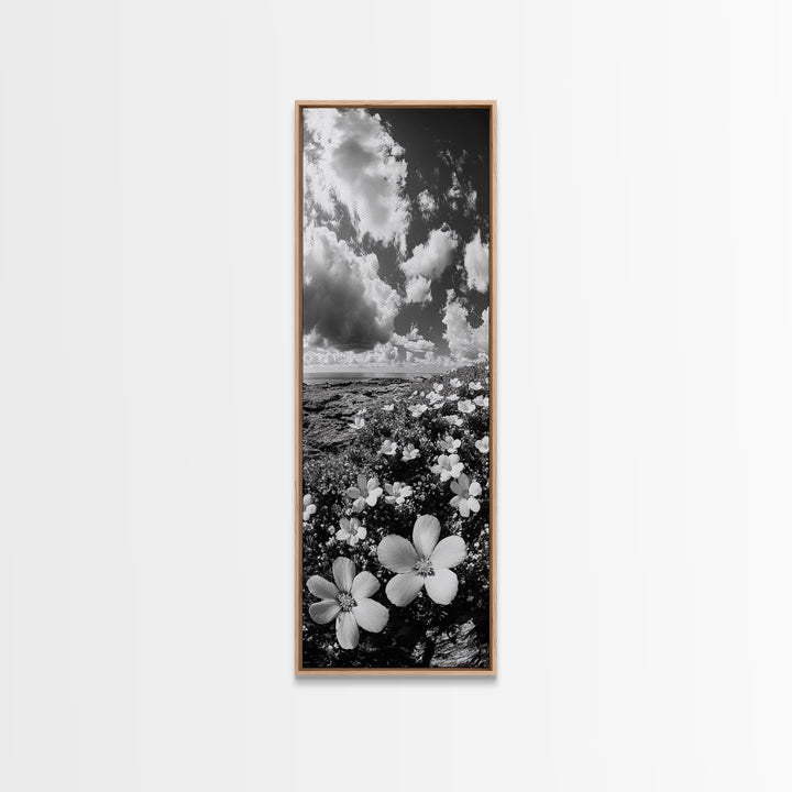 Ocean Flowers Art, Coastal Wildflower Print, Nature Boho Aesthetic, Beach House Wall Style, Framed Canvas Print, Moody Seaside Decor
