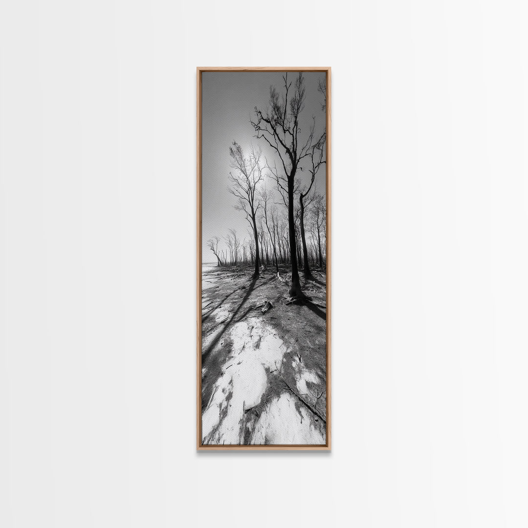 Haunting Tree Silhouettes, Forest Edge, Black White Nature, Desert Trees, Framed Canvas Print, Fall Art, Living Room Wall Art