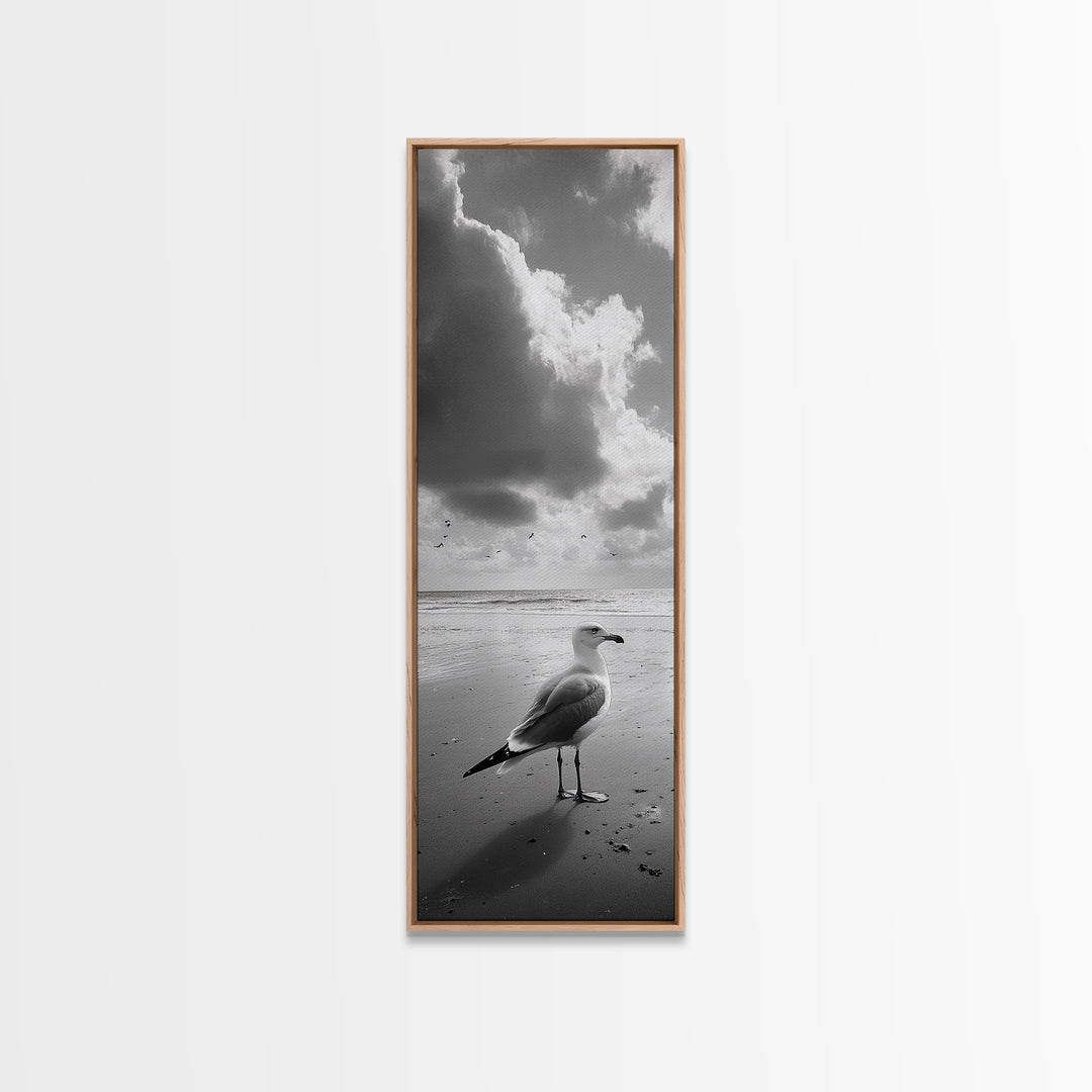 Seagull, Ocean Breeze, Beach Minimalism, Tranquil Shoreline, Seagull Photo Art, Coastal Framed Canvas Print, Bathroom Wall Decor