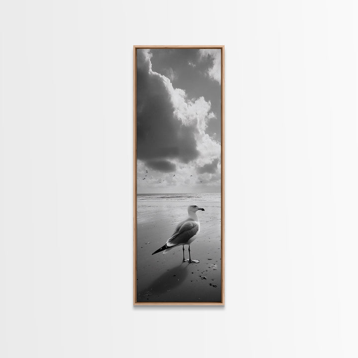 Seagull, Ocean Breeze, Beach Minimalism, Tranquil Shoreline, Seagull Photo Art, Coastal Framed Canvas Print, Bathroom Wall Decor