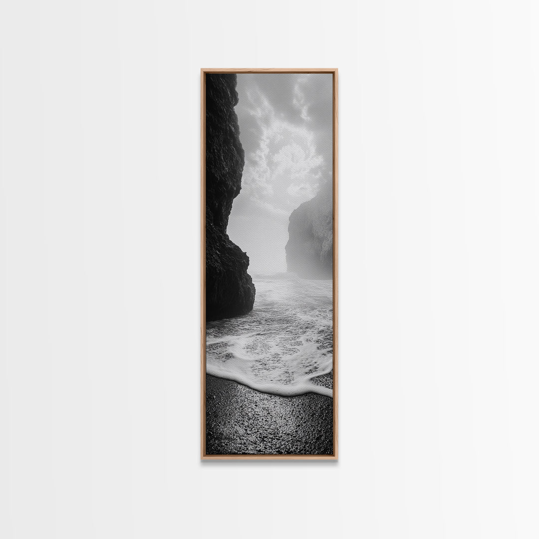 Coastal Rocks, Ocean Mist, Dreamy Seascape, Monochrome Coastline, Nature Photography Canvas Print, Moody Living Room Wall Art
