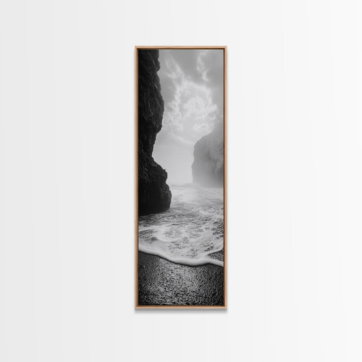 Coastal Rocks, Ocean Mist, Dreamy Seascape, Monochrome Coastline, Nature Photography Canvas Print, Moody Living Room Wall Art