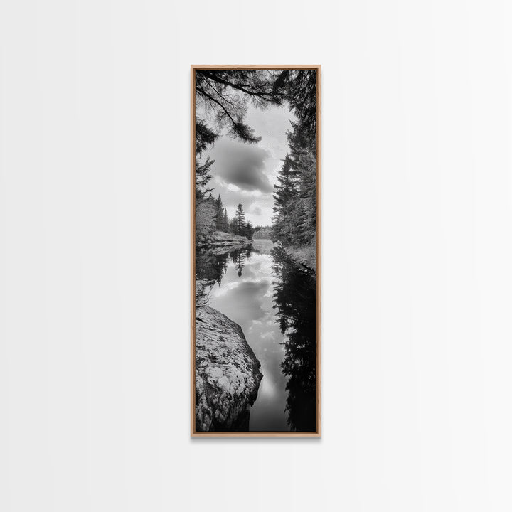 Forest Reflection, Lake Stillness, Tranquil Pines, Nature Calm, Black and White Canvas Print, Bedroom Wall Art, Cabin Vibes