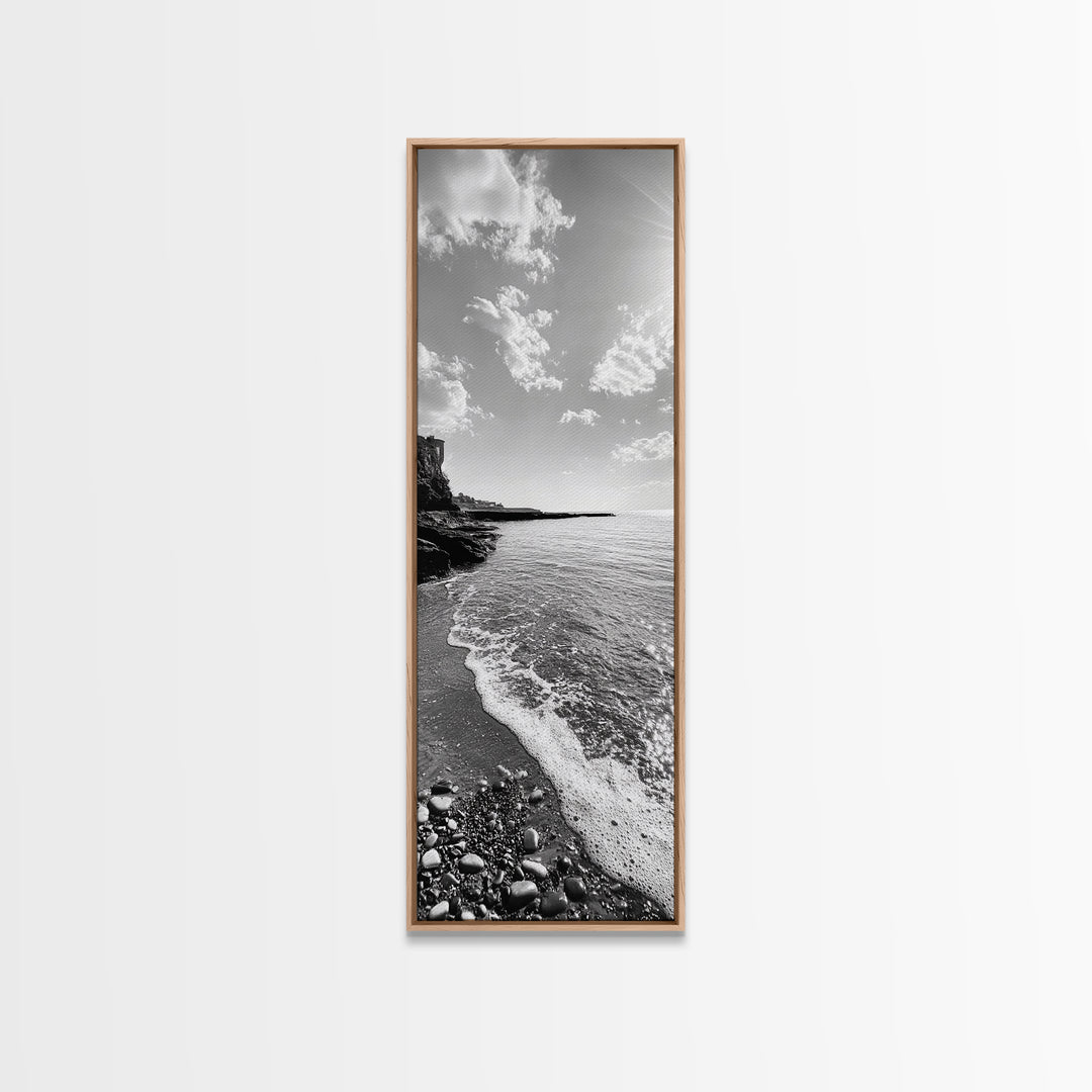 Coastal Shoreline, Pebble Beach, Ocean Breeze, Canvas Print, Bathroom Wall Art, Minimalist Decor, Black White Photography, Seaside Vibe