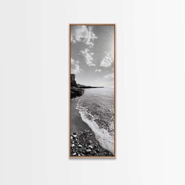 Coastal Shoreline, Pebble Beach, Ocean Breeze, Canvas Print, Bathroom Wall Art, Minimalist Decor, Black White Photography, Seaside Vibe
