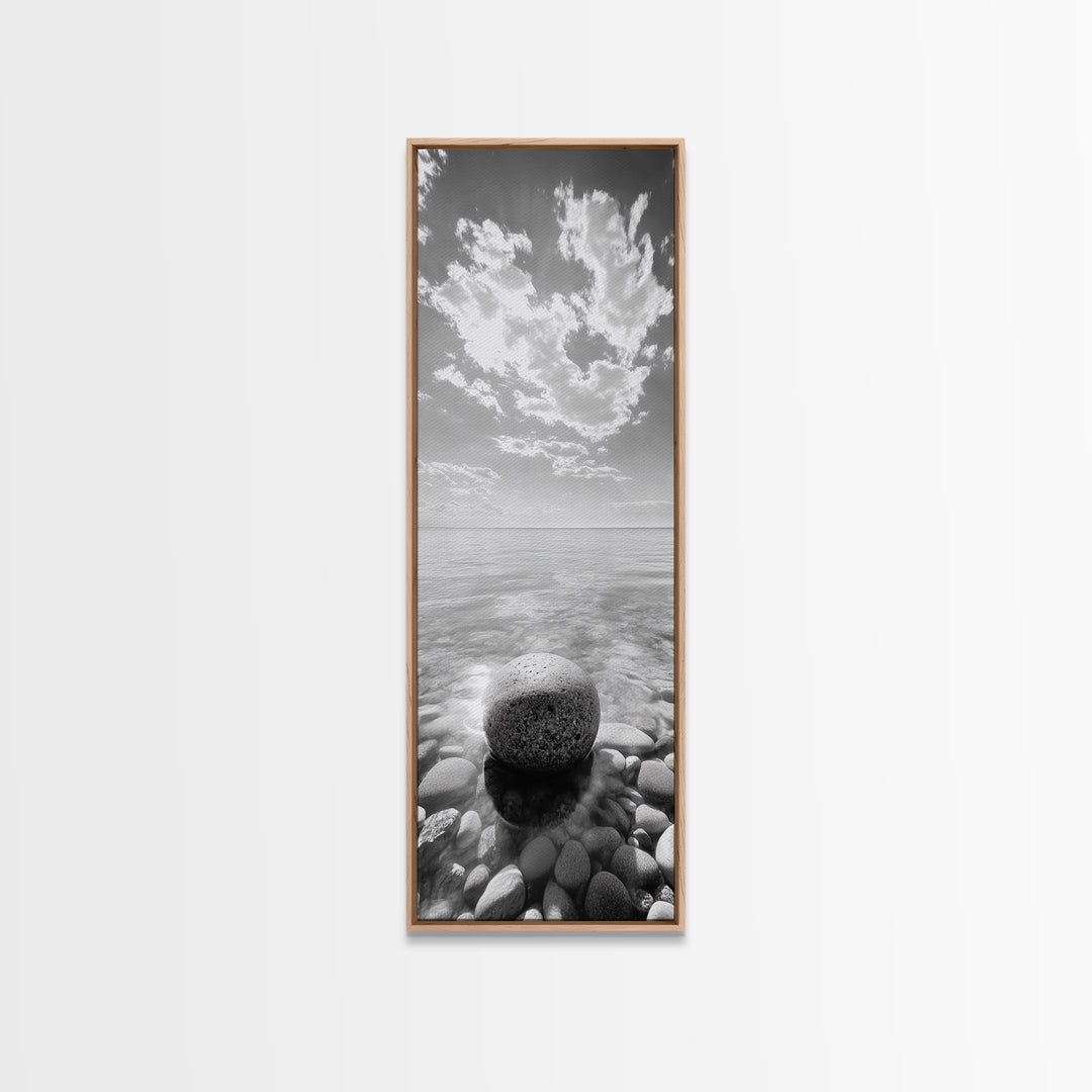 Zen Stone, Calm Waters, Smooth Pebbles, Framed Canvas Print, Spa Wall Art, Minimalist Bathroom Decor, Tranquil Home Accent