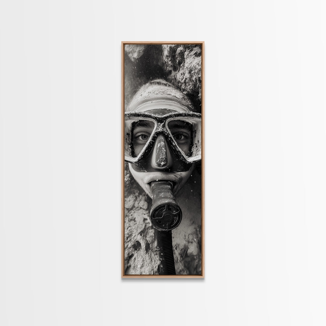 Diver Portrait, Underwater View, Close-Up Eyes, Canvas Print, Adventure Wall Art, Scuba Diving Decor, Unique Bathroom Art, Monochrome Style