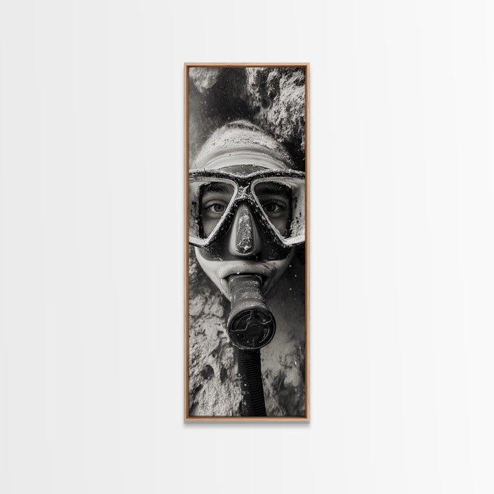 Diver Portrait, Underwater View, Close-Up Eyes, Canvas Print, Adventure Wall Art, Scuba Diving Decor, Unique Bathroom Art, Monochrome Style
