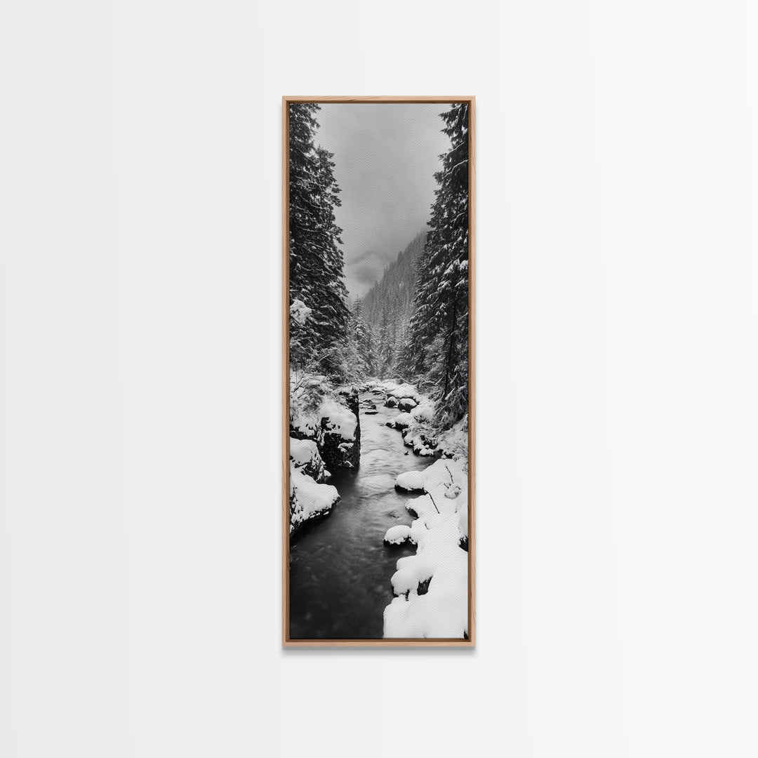 Winter Forest, Snowy River, Pine Trees, Canvas Print, Cozy Cabin Wall Art, Nature Lover Gift, Scandinavian Style, Holiday Decor, Bedroom Decor