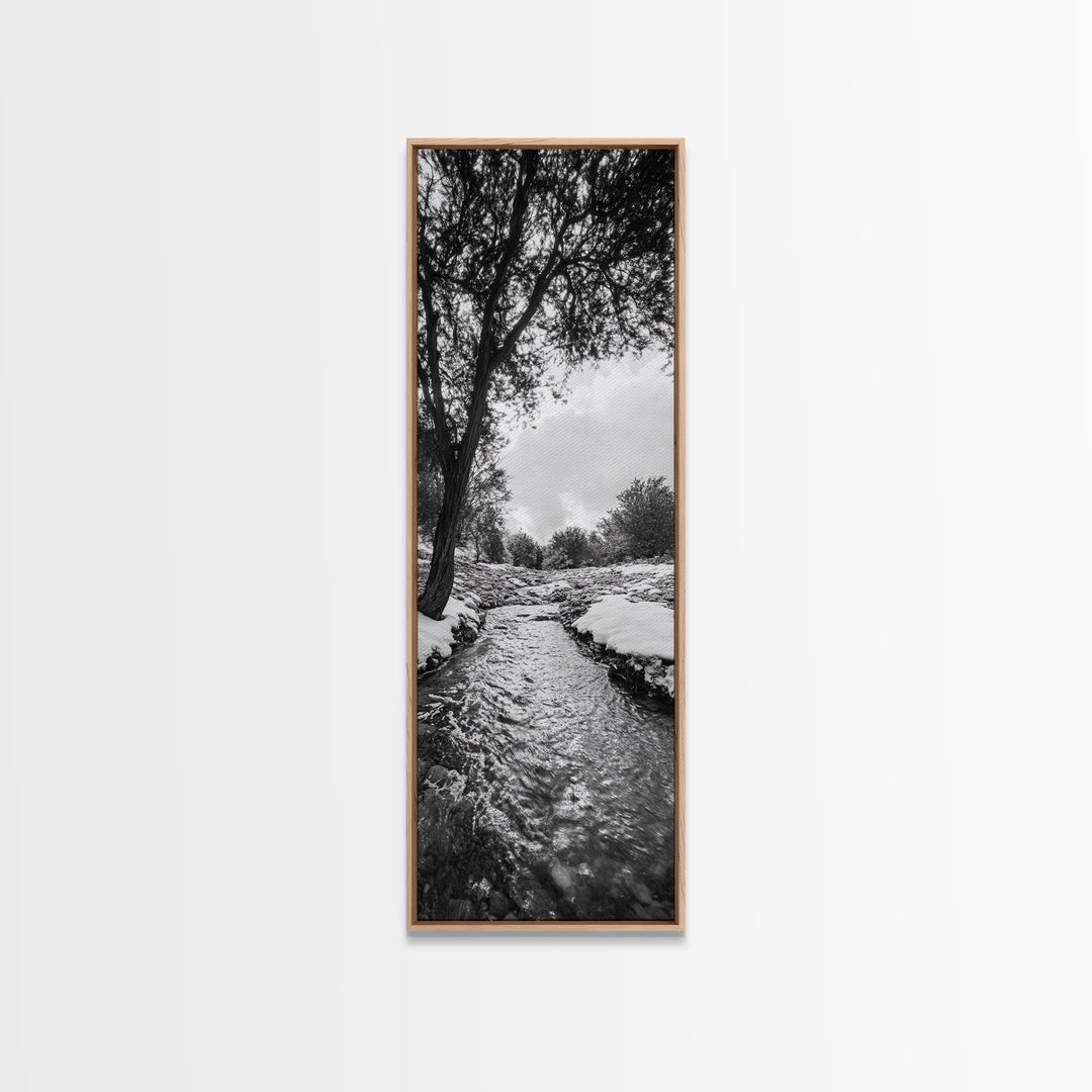 Peaceful Creek, Snow Trees, Winter Flow, Framed Canvas Print, Rustic Nature Art, Farmhouse Wall Decor, Serene Entryway Accent, Bedroom Decor