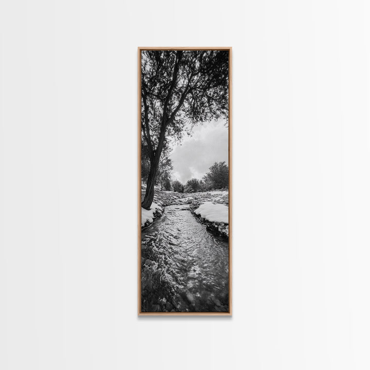 Peaceful Creek, Snow Trees, Winter Flow, Framed Canvas Print, Rustic Nature Art, Farmhouse Wall Decor, Serene Entryway Accent, Bedroom Decor