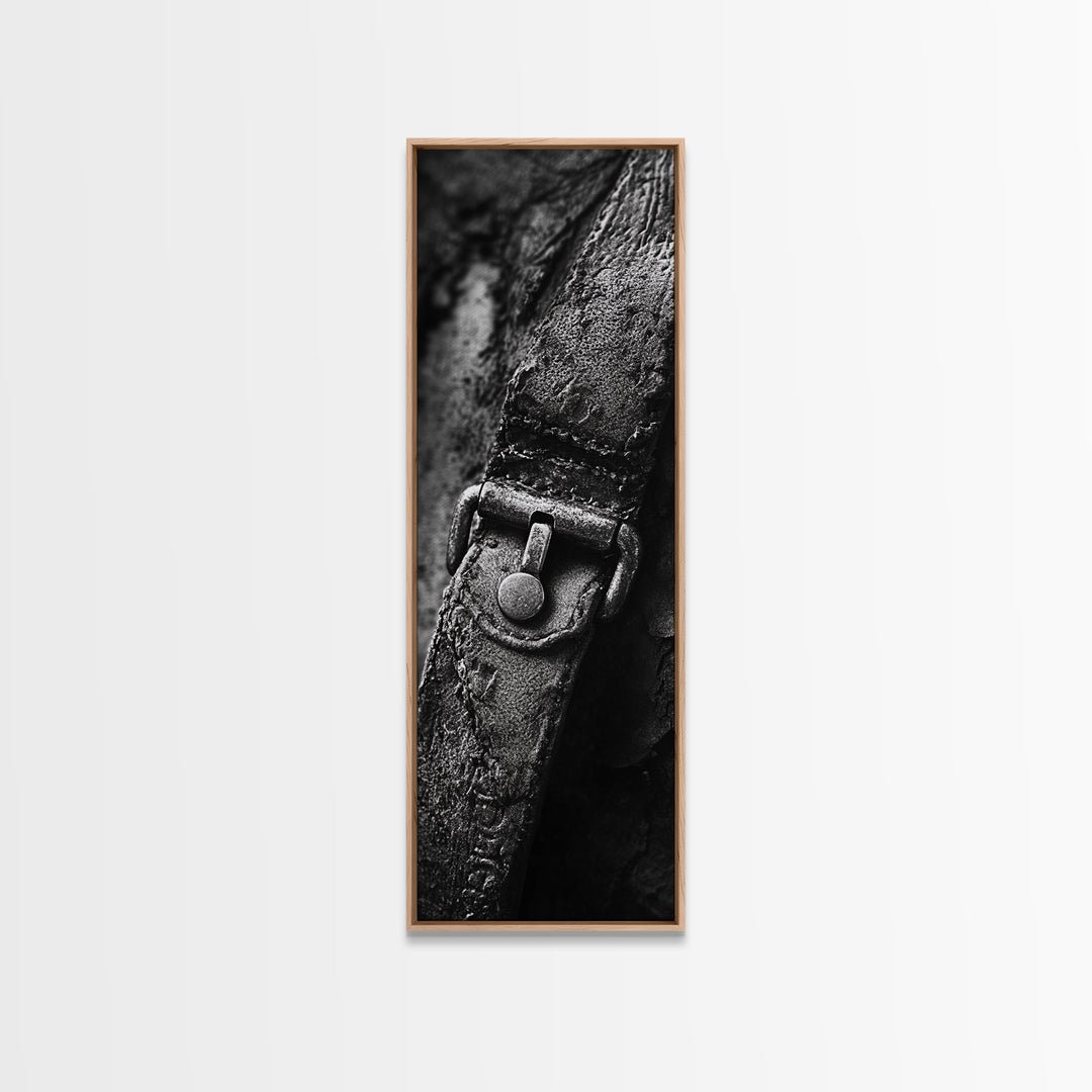 Leather Strap, Worn Texture, Rustic Detail, Framed Canvas Print, Industrial Wall Decor, Masculine Style, Close-Up Texture Art