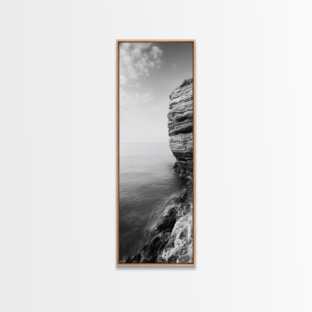 Cliffside Calm, Ocean View, Rock Texture, Seaside Stillness Framed Canvas Print, Modern Office Wall Art, Coastal Minimalist Decor