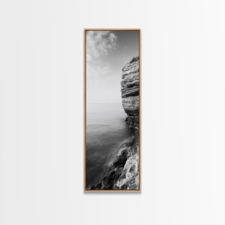 Cliffside Calm, Ocean View, Rock Texture, Seaside Stillness Framed Canvas Print, Modern Office Wall Art, Coastal Minimalist Decor