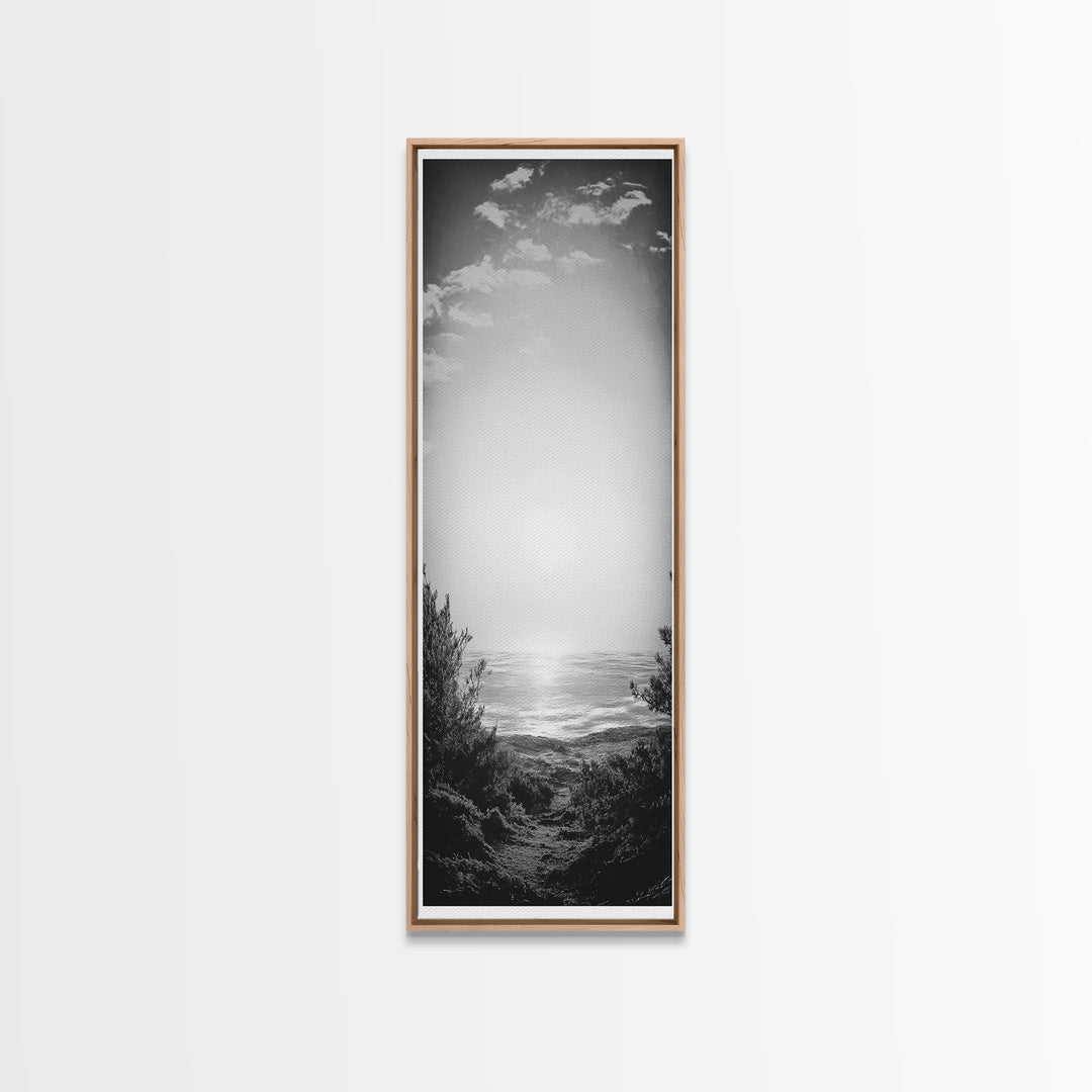 Horizon Glow, Ocean Sunset, Seaside Path, Tranquil Evening Framed Canvas Print, Nature Inspired Bedroom Wall Art, Zen Minimalist Decor