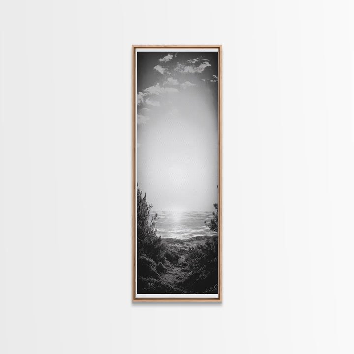 Horizon Glow, Ocean Sunset, Seaside Path, Tranquil Evening Framed Canvas Print, Nature Inspired Bedroom Wall Art, Zen Minimalist Decor