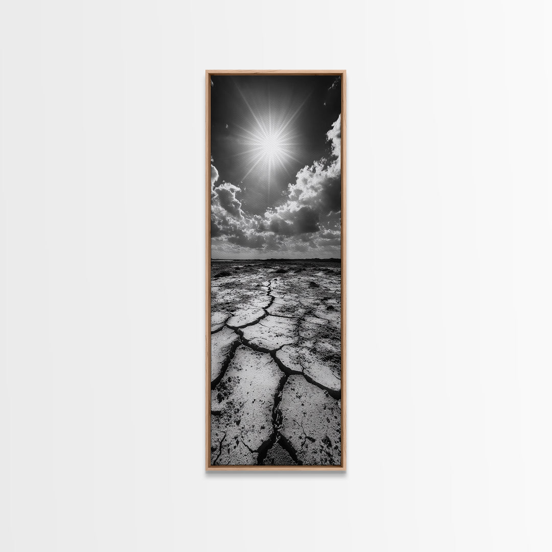 Cracked Earth, Sunburst Sky, Natural Texture, Desert Landscape, Framed Canvas Print, Rustic Decor, Earth Tone Art, Office Wall Art