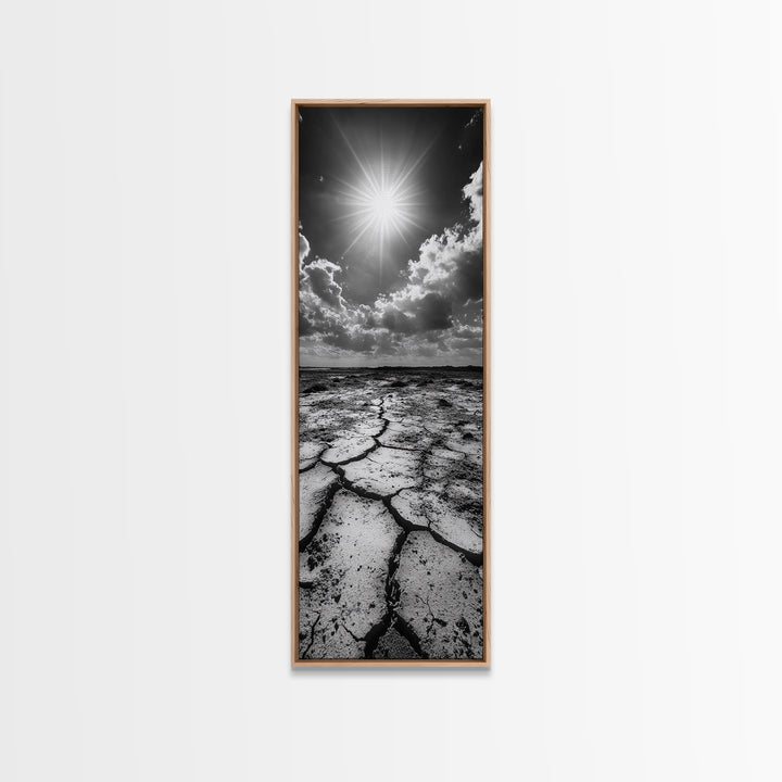 Cracked Earth, Sunburst Sky, Natural Texture, Desert Landscape, Framed Canvas Print, Rustic Decor, Earth Tone Art, Office Wall Art