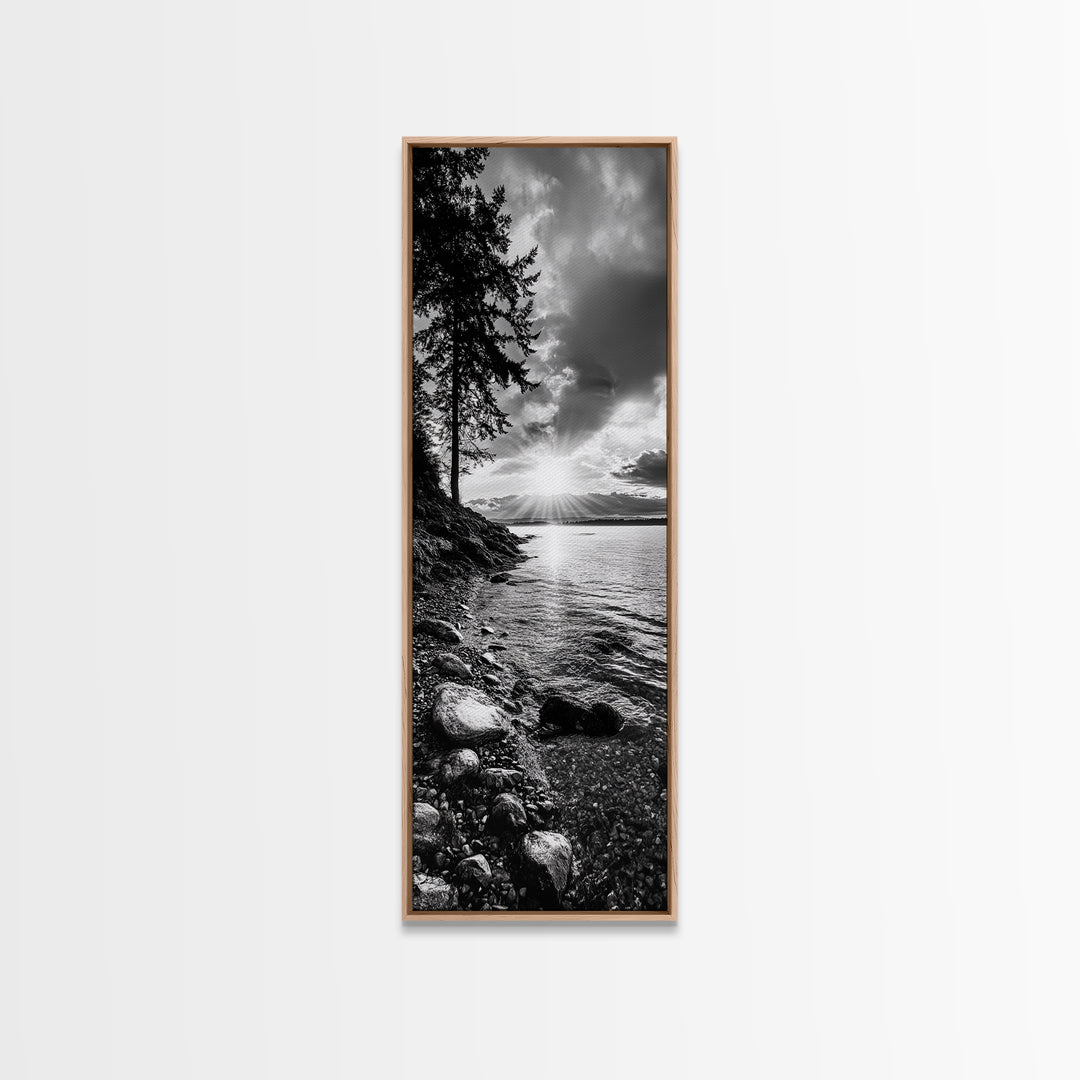 Tree Shoreline, Tranquil Water, Sunset Reflection, Peaceful Horizon, Framed Canvas Print, Nature Photography, Cabin Wall Art