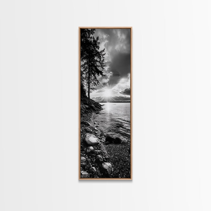 Tree Shoreline, Tranquil Water, Sunset Reflection, Peaceful Horizon, Framed Canvas Print, Nature Photography, Cabin Wall Art