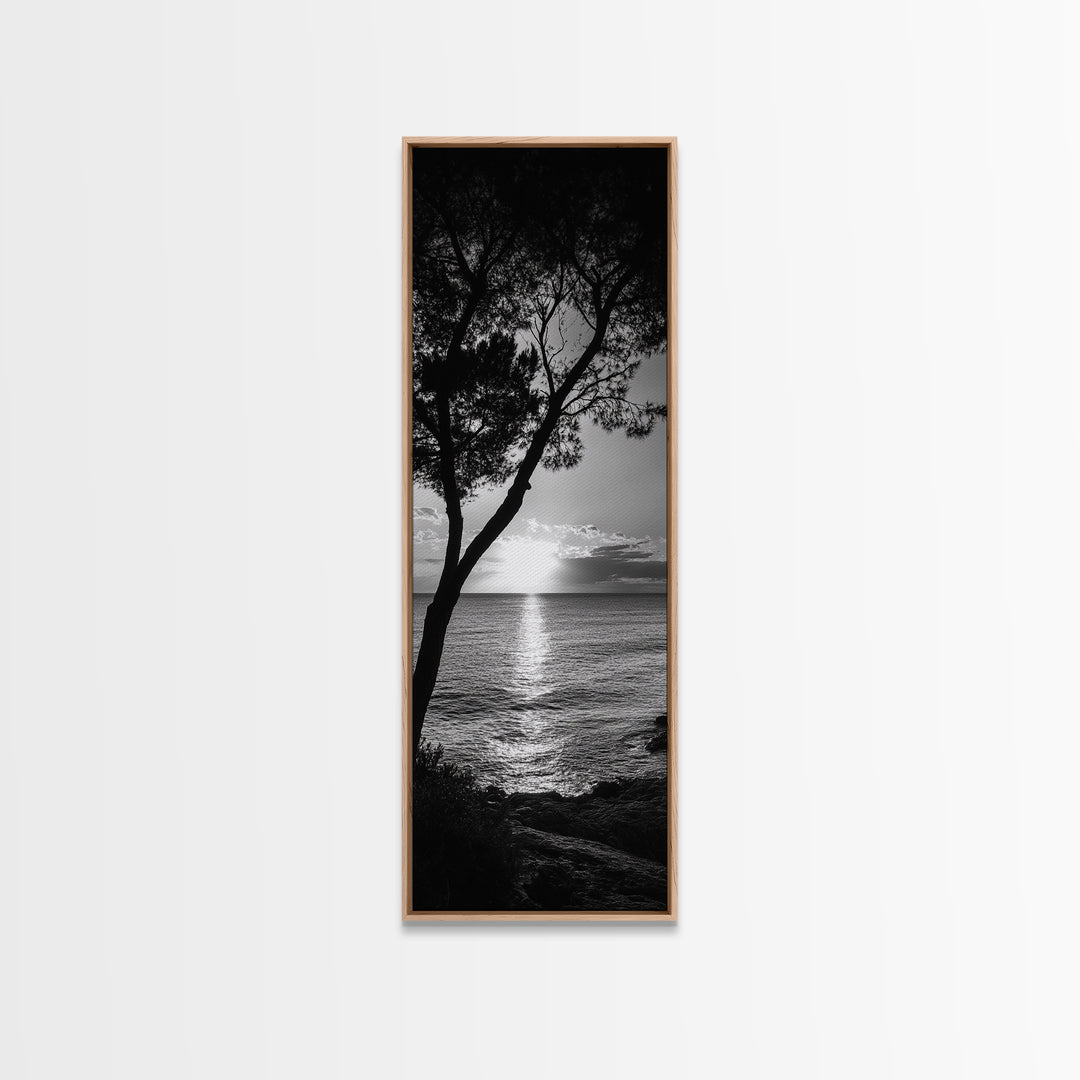 Coastal Tree, Ocean Sunset, Silhouetted Landscape, Peaceful Water, Framed Canvas Print, Nature Art, Bedroom Tranquil Decor