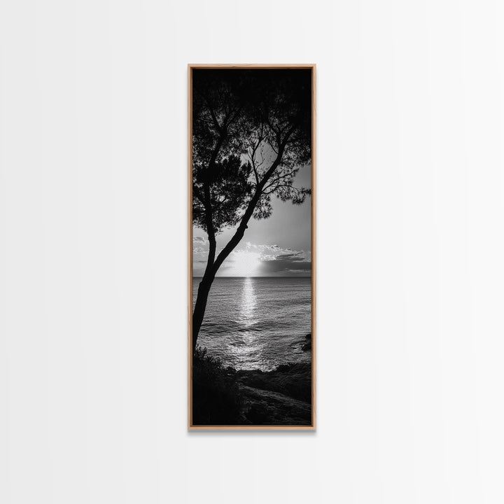 Coastal Tree, Ocean Sunset, Silhouetted Landscape, Peaceful Water, Framed Canvas Print, Nature Art, Bedroom Tranquil Decor