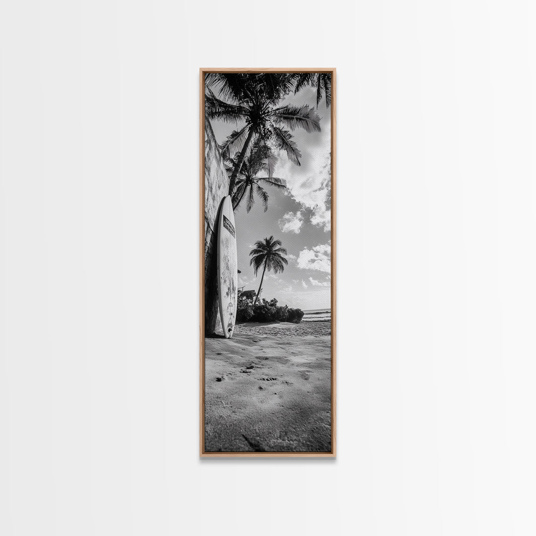 Tropical Beach, Surfboard Scene, Coastal Palms, Island Vibes, Canvas Print, Beach House Art, Summer Wall Decor, Boho Style