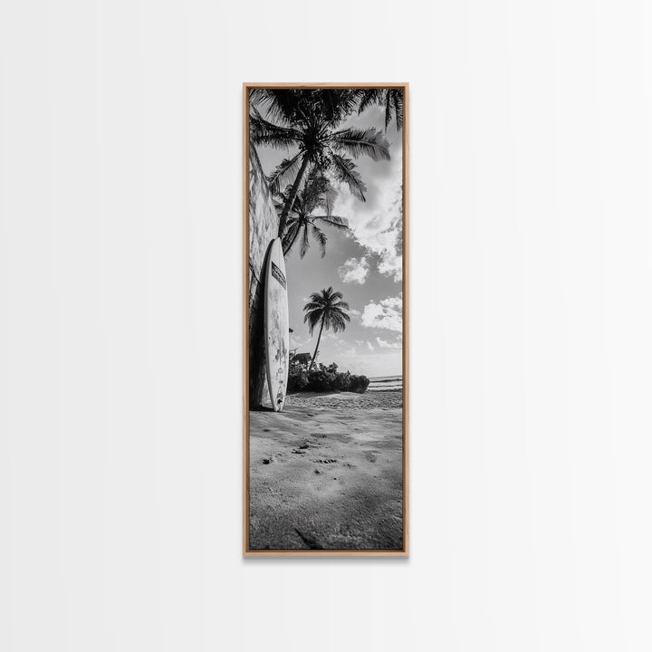 Tropical Beach, Surfboard Scene, Coastal Palms, Island Vibes, Canvas Print, Beach House Art, Summer Wall Decor, Boho Style