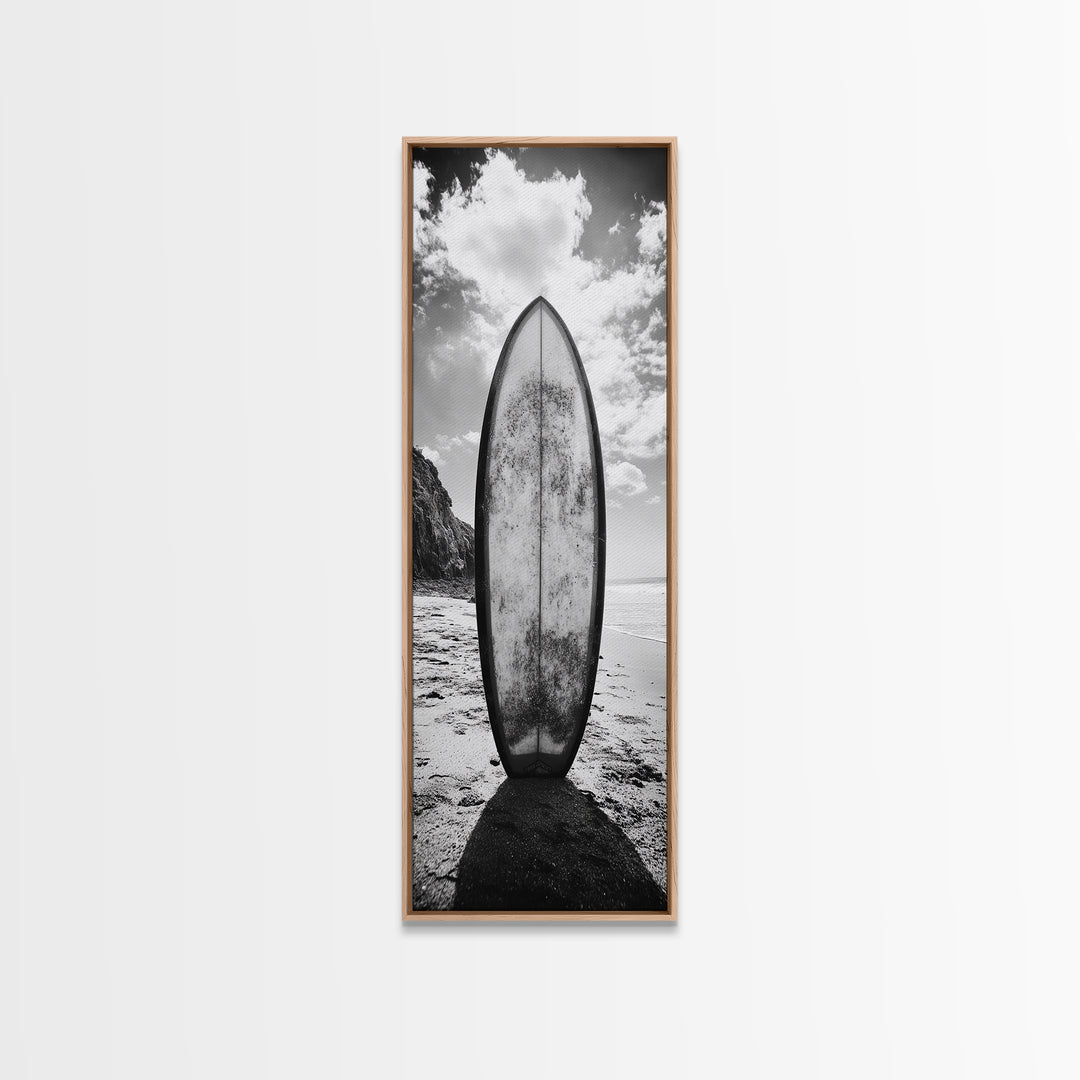 Surfboard Vertical, Sandy Beach, Coastal Rocks, Ocean Horizon, Framed Canvas Print, Surf Art, Dorm Room Decor, Tropical Vibe