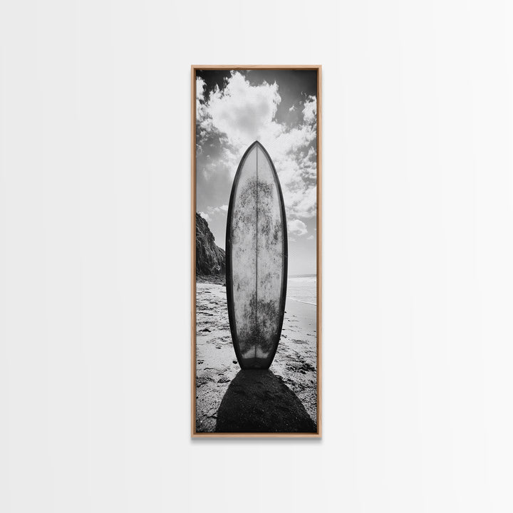 Surfboard Vertical, Sandy Beach, Coastal Rocks, Ocean Horizon, Framed Canvas Print, Surf Art, Dorm Room Decor, Tropical Vibe
