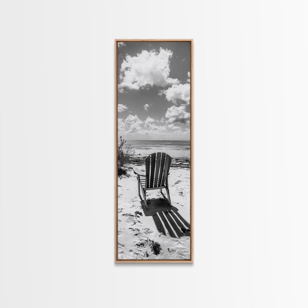 Seaside Chair View, Coastal Calm, Ocean Horizon, Beach Serenity, Framed Canvas Print, Living Room Wall Art, Relaxing Summer Vibe