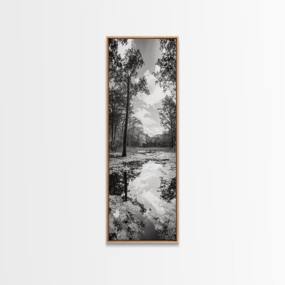 Reflective Forest, Nature Calm, Monochrome Trees, Peaceful Swamp, Framed Canvas Print, Rustic Cabin Decor, Moody Wall Art, Entryway Print