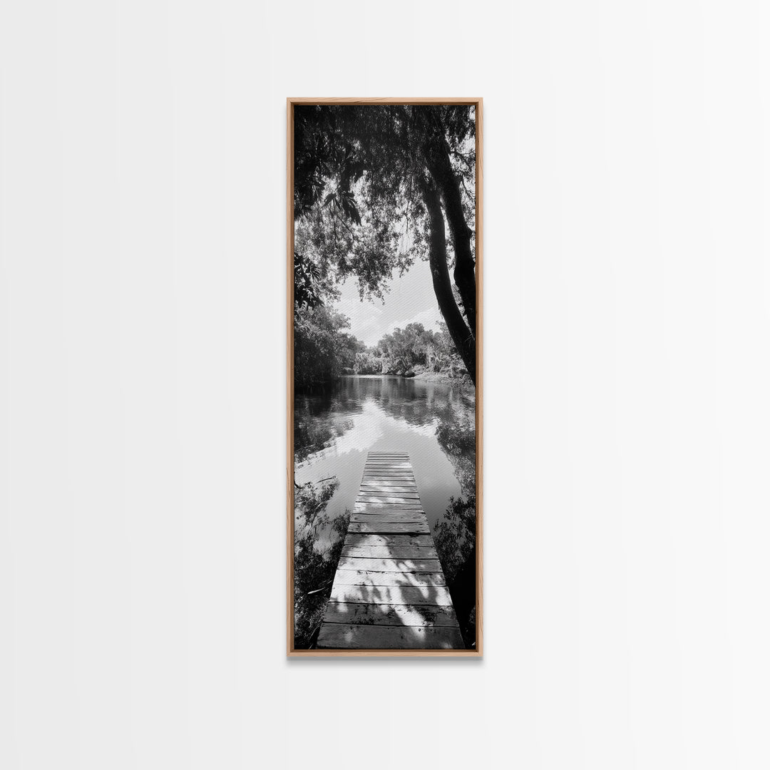 Tranquil Dock, Lake Stillness, Nature Reflection, Forest Retreat, Framed Canvas Print, Cabin Wall Art, Rustic Style, Bedroom Decor