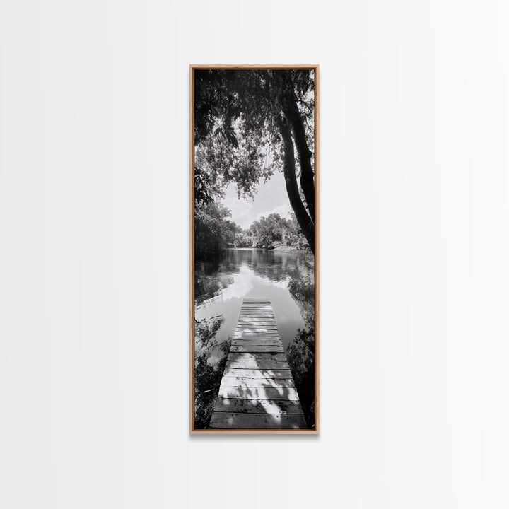 Tranquil Dock, Lake Stillness, Nature Reflection, Forest Retreat, Framed Canvas Print, Cabin Wall Art, Rustic Style, Bedroom Decor