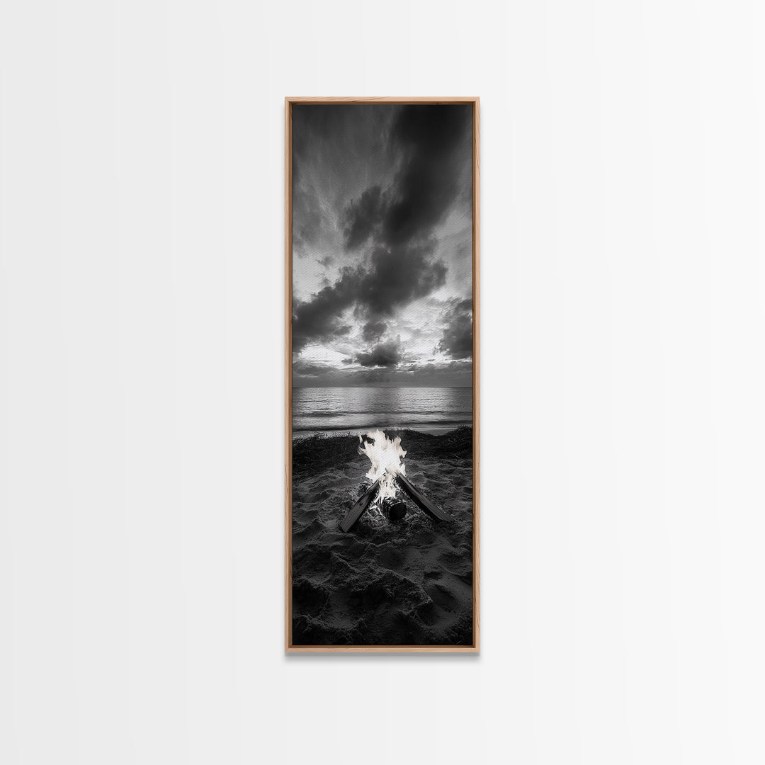 Campfire Glow Dusk, Beach Bonfire, Ocean Sunset Flame, Cozy Evening Mood, Framed Canvas Print, Fall Wall Art, Cabin Living Room Decor