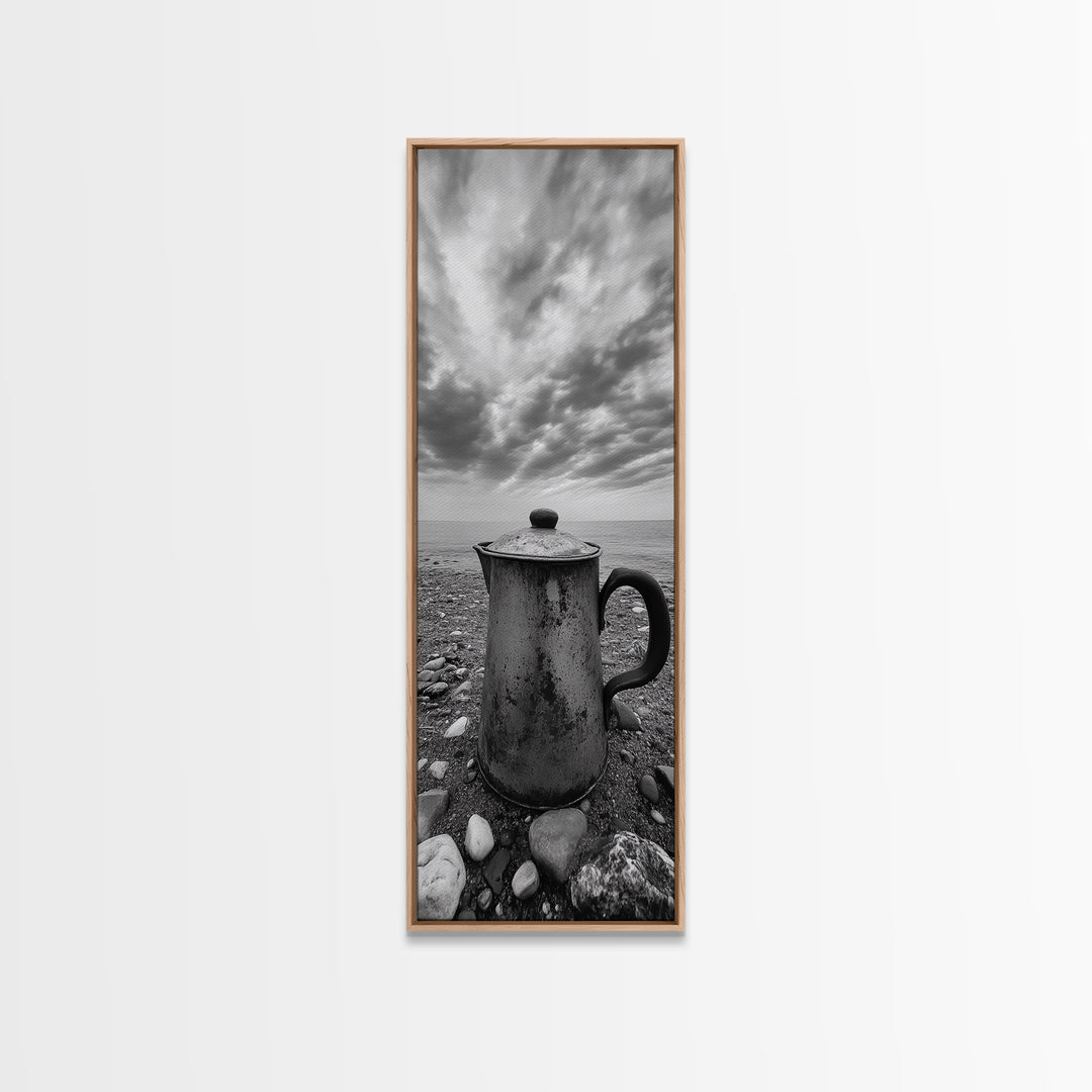 Seaside Coffee Pot, Rustic Beach, Moody Vibes, Framed Canvas Print, Farmhouse Decor, Kitchen Wall Art, Coastal Neutral Artwork