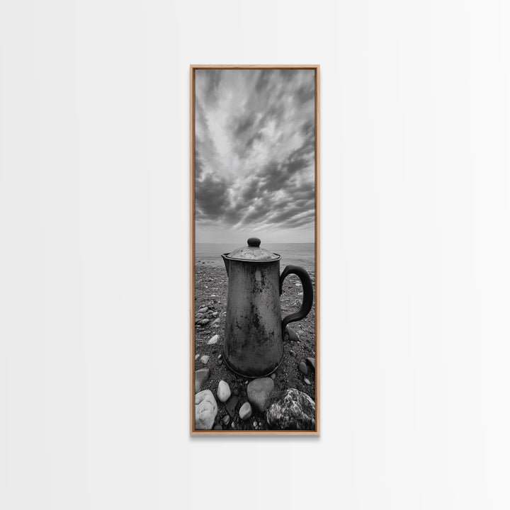 Seaside Coffee Pot, Rustic Beach, Moody Vibes, Framed Canvas Print, Farmhouse Decor, Kitchen Wall Art, Coastal Neutral Artwork