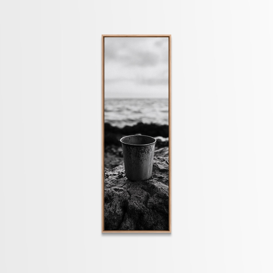 Metal Cup, Shoreline Still Life, Rustic Seaside, Canvas Print, Vintage Aesthetic, Coastal Kitchen Wall Art, Minimal Beach Mood