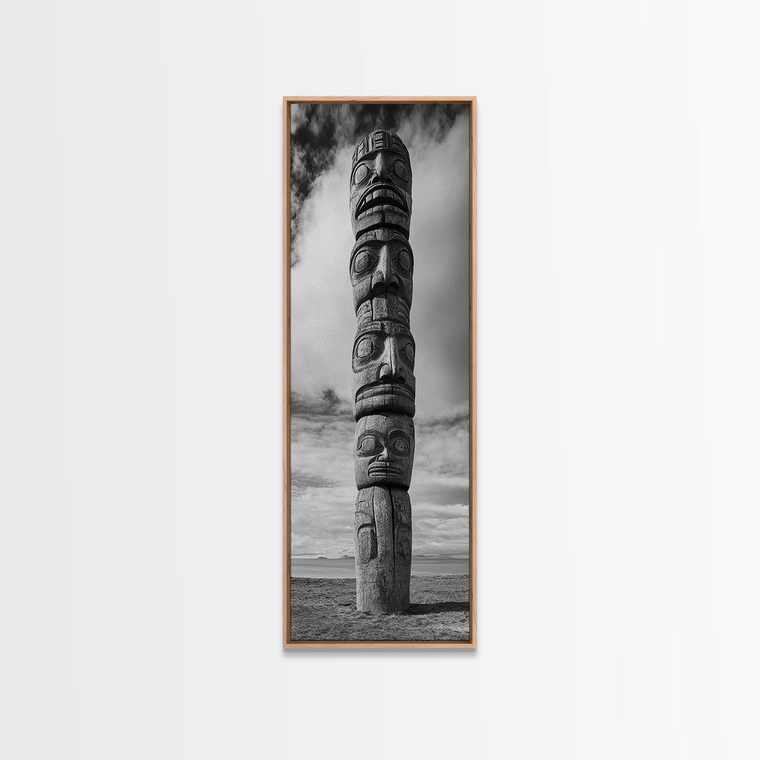 Totem Pole, Tribal Faces, Historic Symbolism, Canvas Print, Cultural Wall Decor, Office Wall Art, Rustic Museum Style Photography