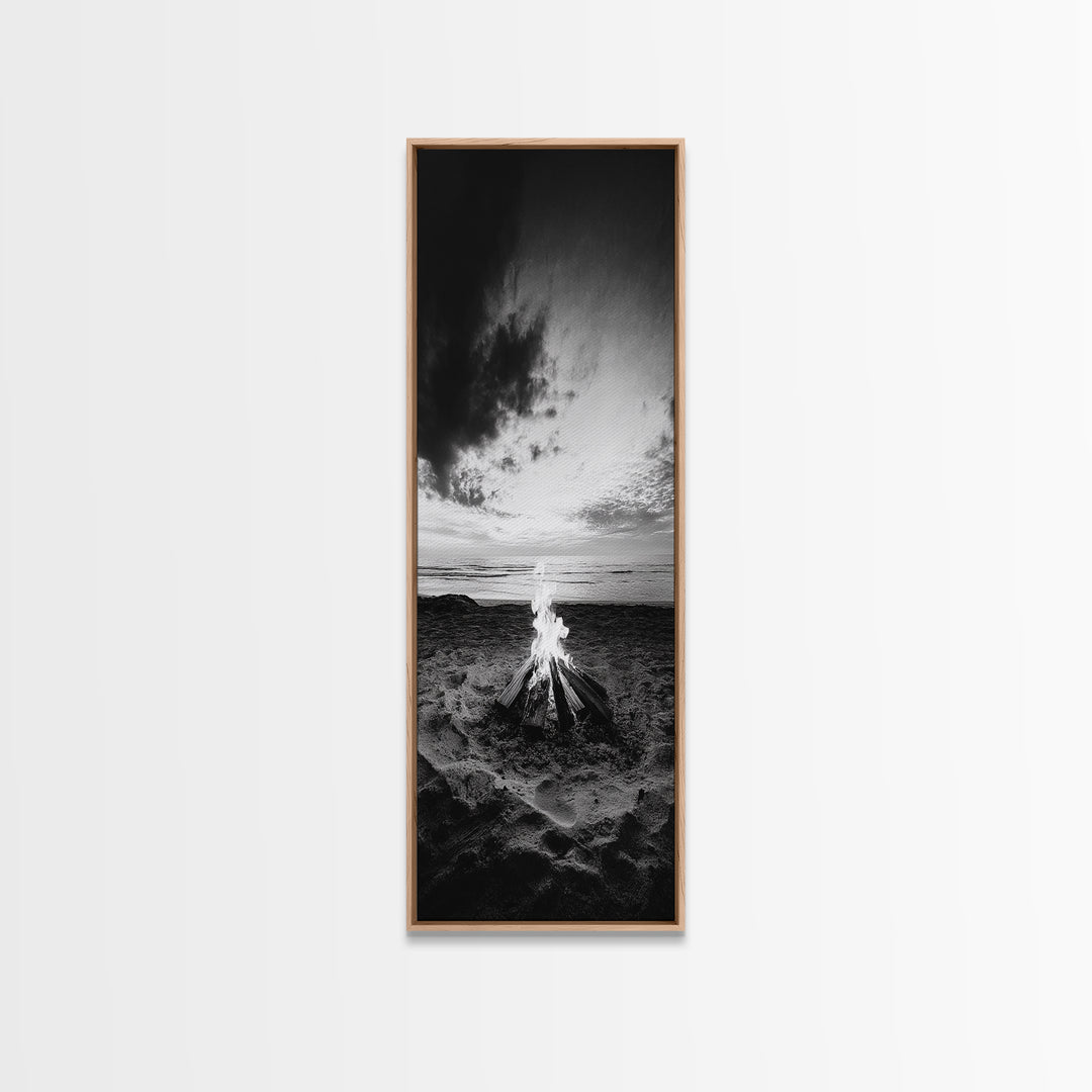 Peaceful Beach Fire, Twilight Shore, Ocean Ember, Tranquil Seascape, Framed Canvas Print, Autumn Wall Art, Rustic Nature Room Decor